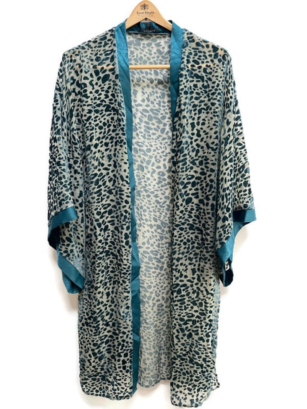Leopard Print Velvet Burn-out Kimono Teal Trim | Sheer Duster Boho Layer